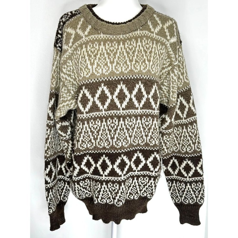 Nu Trenz Fair Isle Wool Sweater Mens Size XL Vintage Brown 90s Long Sleeve